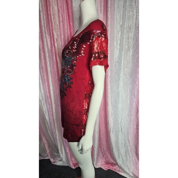 Angels & Diamonds Red Lace Bling Rhinestone Cross Wings Top Size XL - Picture 8 of 12